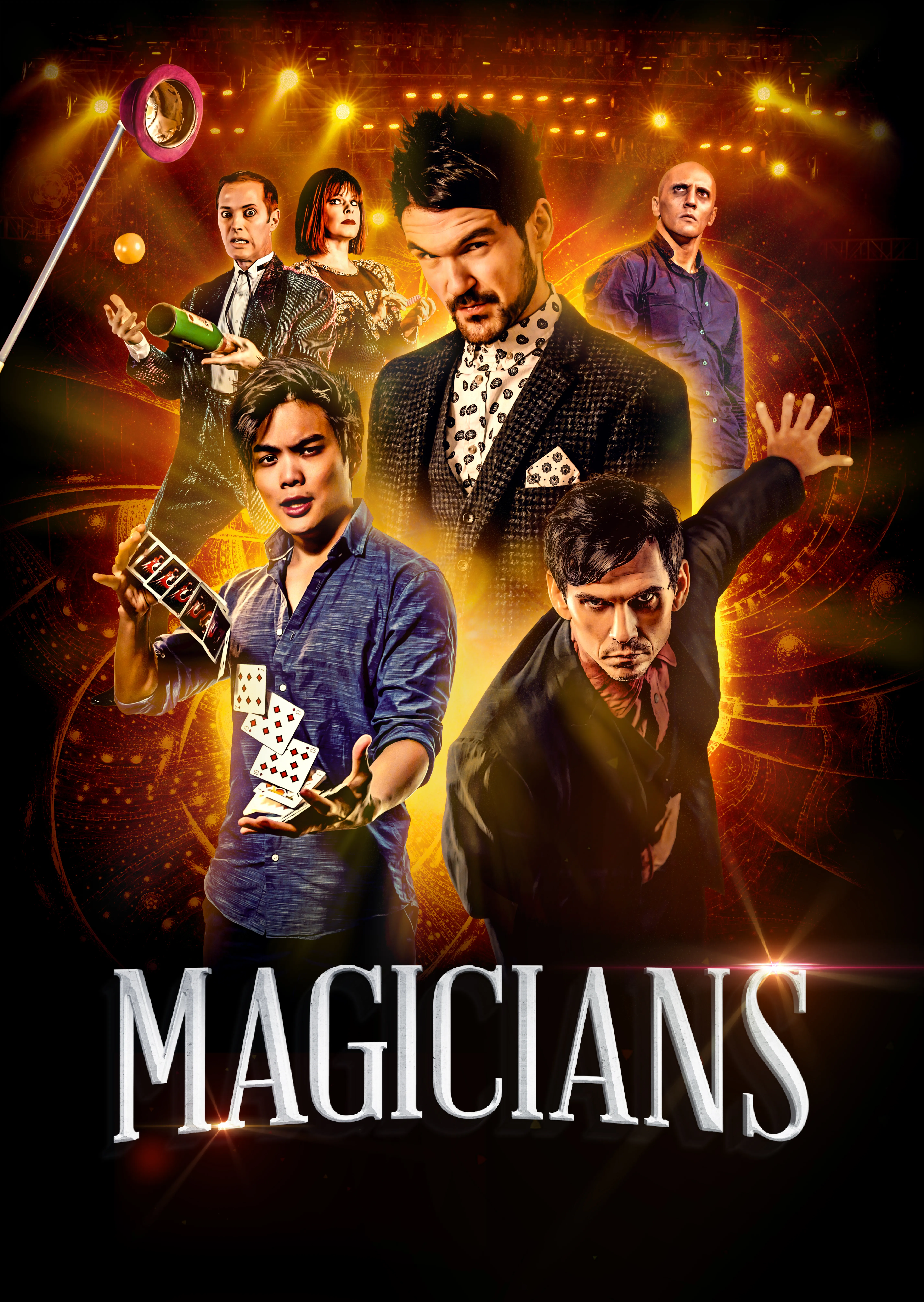 The Magicians touring theatre show poster, with the cast lit against a dramatic stage backdrop.